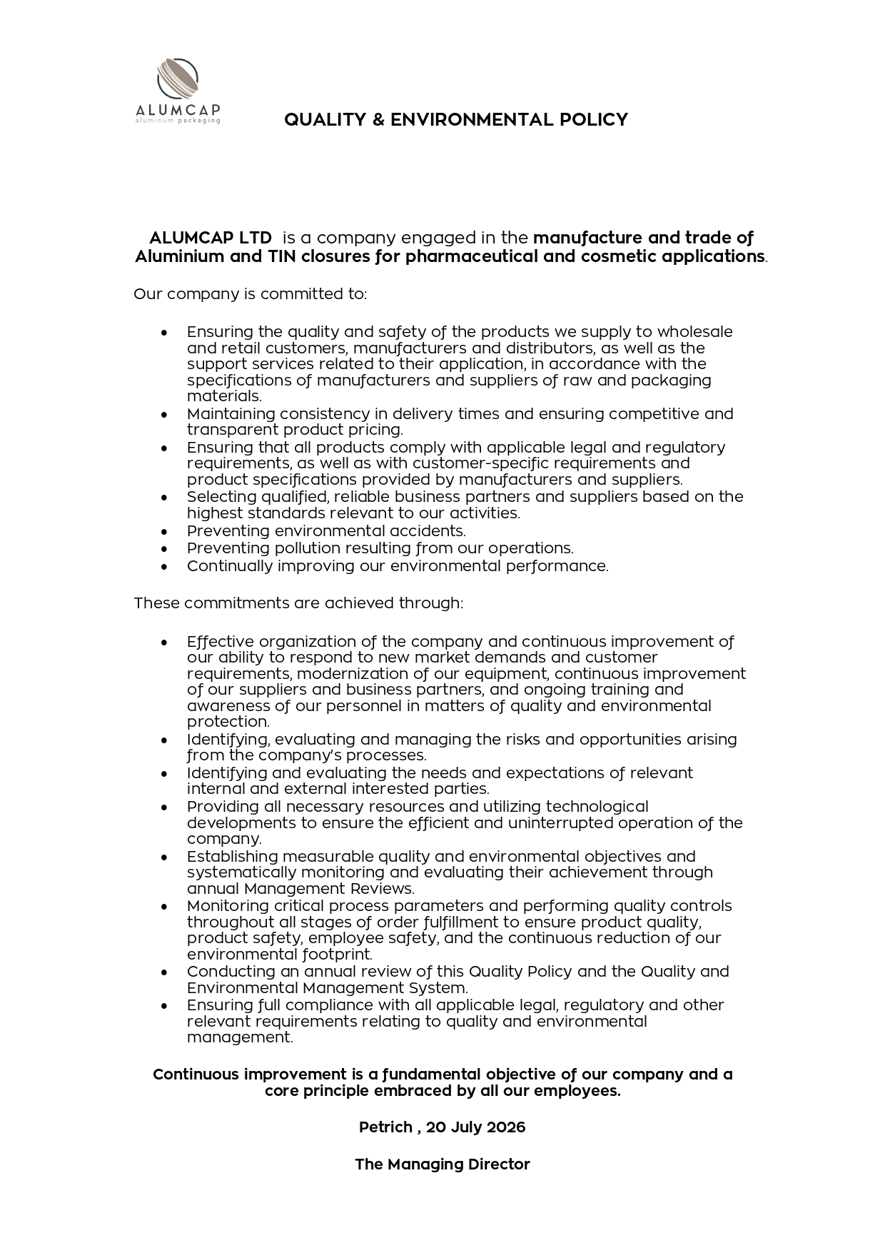 AlumCap Ltd Quality and Environmental Policy document (ISO 9001 / ISO 14001)